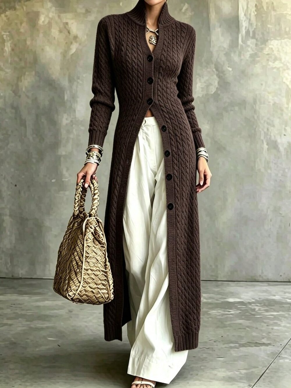 Coffee Brown Casual Women's Button Front Knitwear Long Cardigan